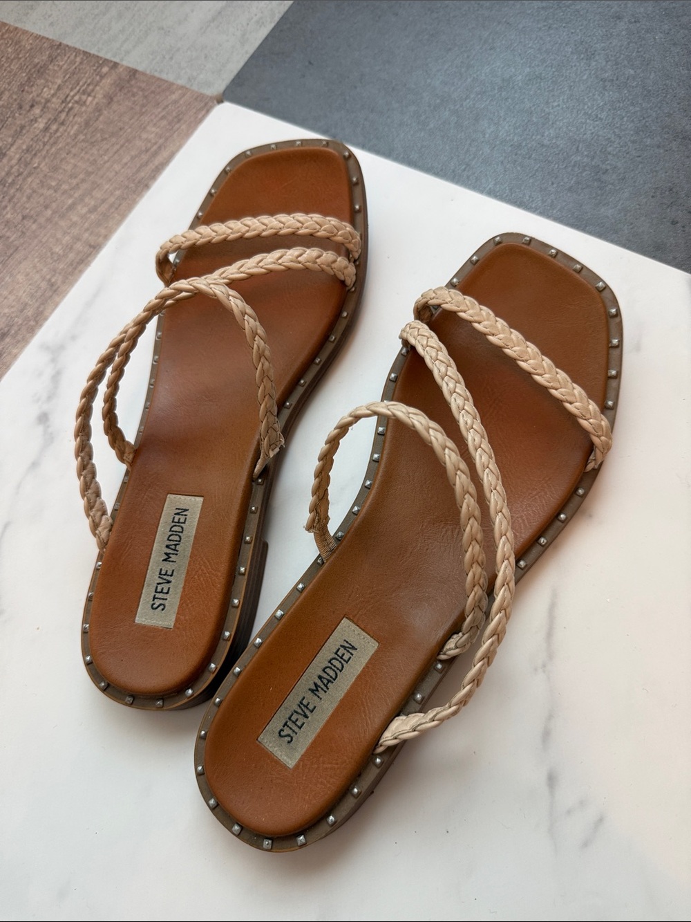 Steve Madden Braided Beige Strappy Slide Sandals - Picture 2 of 5